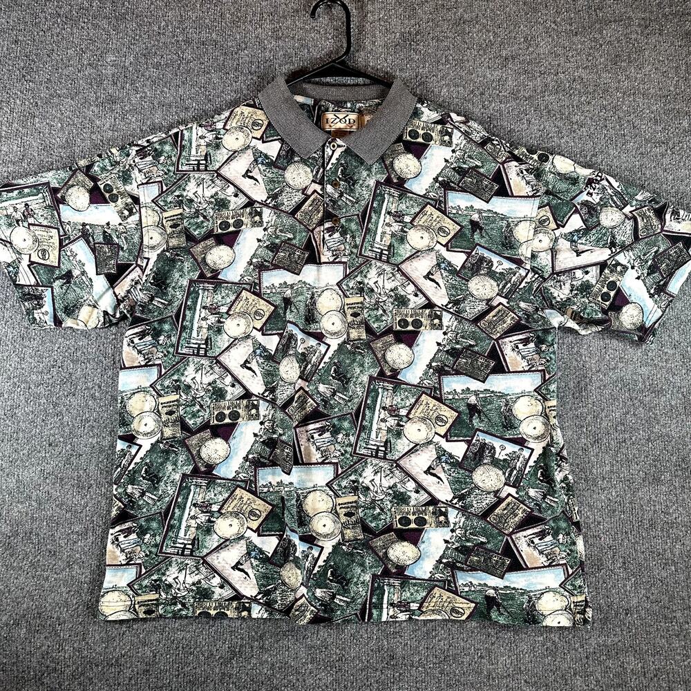 Vintage 90s IZOD Golf Polo Shirt Mens L All Over Print Golf Clubs 100% Cotton